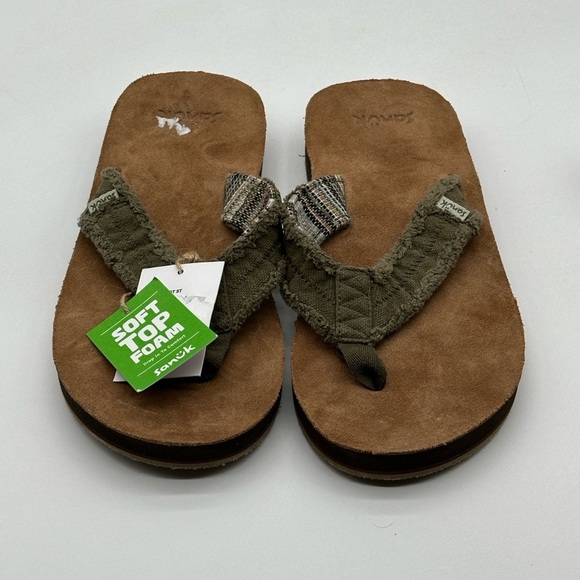 NEW Sanuk Fraid Not ST Flip Flops ARMY GREEN Size 8 - Picture 1 of 7